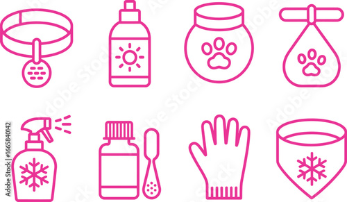 Magenta Outline Pet Icons Set Featuring Collar, Bottle, Food Bowl, Glove, Spray and More