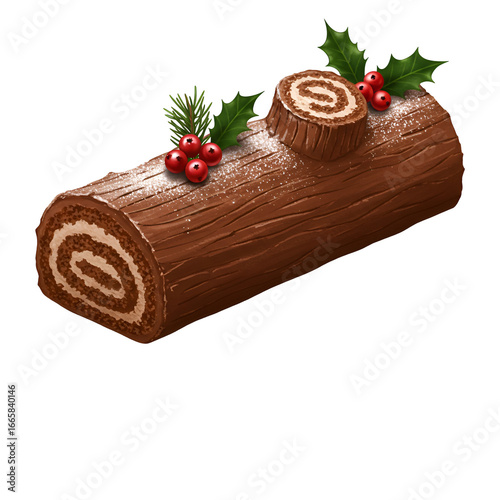 Realistic Illustration Of Chocolate Log Cake With Cream And Red Berries