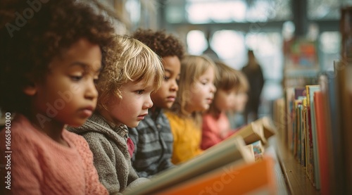 A group of children, in the library reading books together, close-up shot, natural light, shallow depth of field, high-resolution photography style