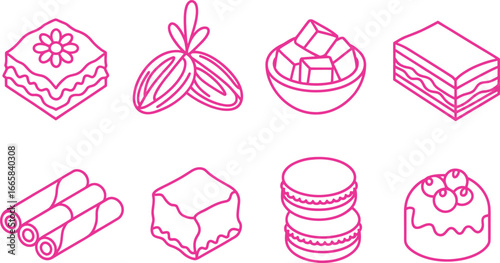 Middle Eastern Sweets Pink Outline Baklava, Dates, Halva, Turkish Delight, and More