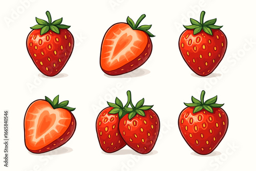 Cartoon strawberries illustration displaying various angles and styles