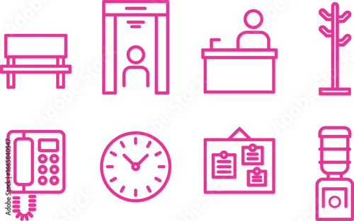 Office Furniture Icons Set in Magenta Outline Style on White Background with Bench Design