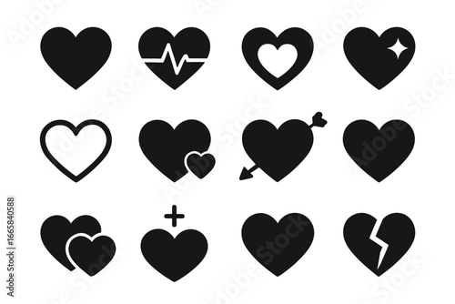 Collection of 12 heart icons: love, health, romance, broken, healing