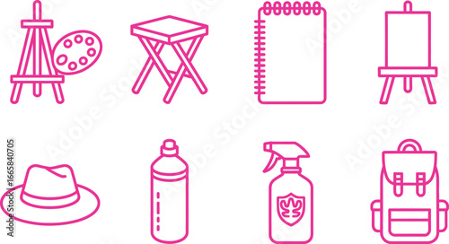 Outlined Art Icons Easel, Stool, Sketchpad, Spray Bottle, Hat, and Backpack in Pink