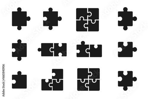 Set of twelve black puzzle piece silhouettes on white background