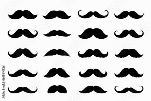 Variety of black mustache silhouettes on white background