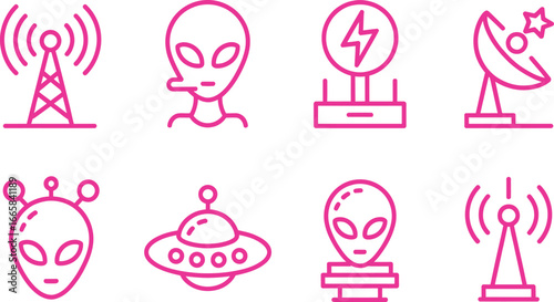 Pink Alien Icons with Antenna, UFO, and Satellite Dish on a Transparent Background