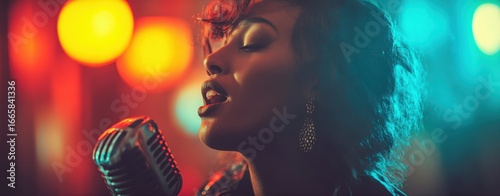 The Singer in Moody Neon Jazz Club Singing Soulfully Into Vintage Microphone