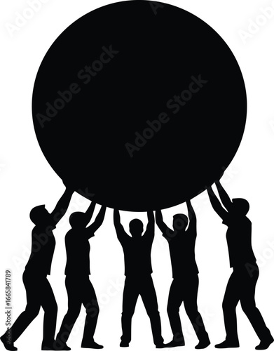 Silhouette of a group of people working together to lift a heavy object, symbolizing teamwork
