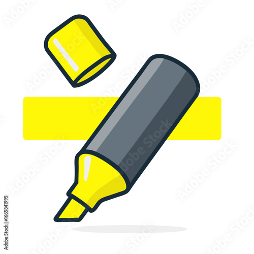 A cartoon illustration of a gray highlighter pen with a yellow cap and tip lying on its side with a yellow rectangle behind it on a white background symbolizing creativity and