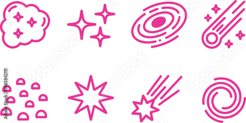 Pink Galaxy Icons Set Cosmos, Clouds, Stars, Universe Symbols on White Background