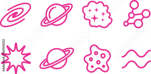 Pink Galaxy, Saturn, Nebula, Atom, Starburst, Comet, and Waves Icons on White