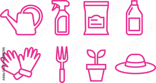 Pink Garden Tools Icons Watering Can, Gloves, Seed Bag and Other Equipment