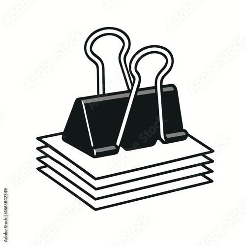 Black binder clip holding together stack of white papers in simple line art style for office supply or organization concept