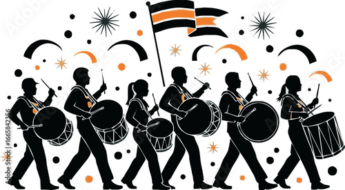 Silhouettes of a marching band parading, with multiple drummers and a flag bearer, surrounded by festive confetti and starbursts.