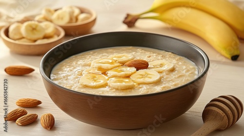 A bowl of oatmeal topped with sliced bananas and honey, accompanied by almonds and a honey dipper.