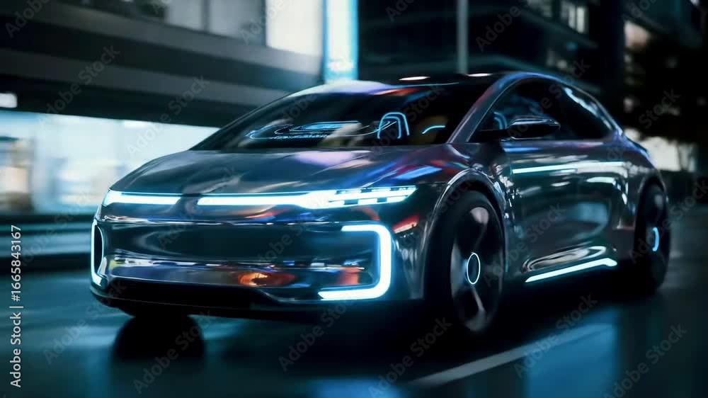 Futuristic electric car cruising through a neon-lit city street at night with glowing details Futuristic electric car cruising through a neon-lit city street at night with glowing details