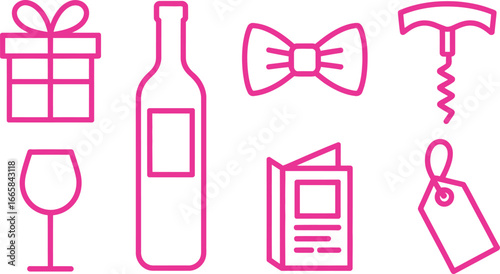 Pink Icon Set, Gift, Wine Bottle, Bow Tie, Corkscrew, Glass, Brochure, and Price Tag
