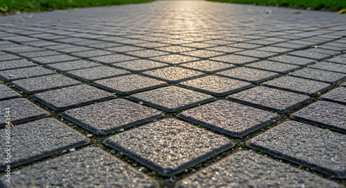 Fototapeta Naklejka Na Ścianę i Meble -  Close-up view of gray paving stones with grass and small debris in between, angled perspective, in a city park. Citizen/urban planner perspective with park location.