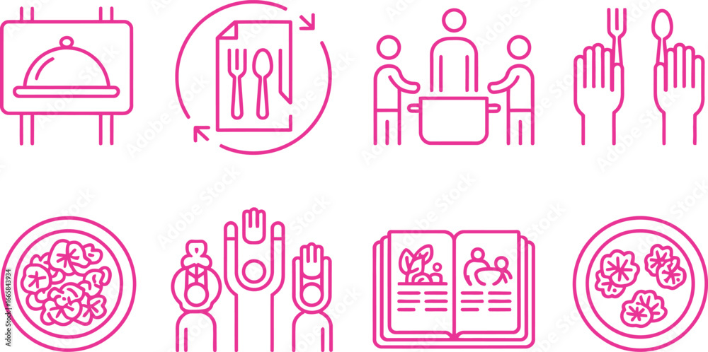 Pink Line Art Icons Restaurant Sign, Menu, Cooking Team, Hand Utensils, and Food Plate