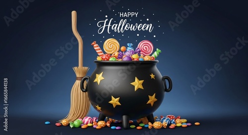 Happy Halloween cauldron brimful with colorful candies and broom