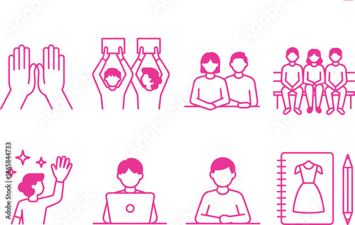 Pink Line Icons of Hands Raised, People Sitting, Notebook with Dress Design, Simple Style