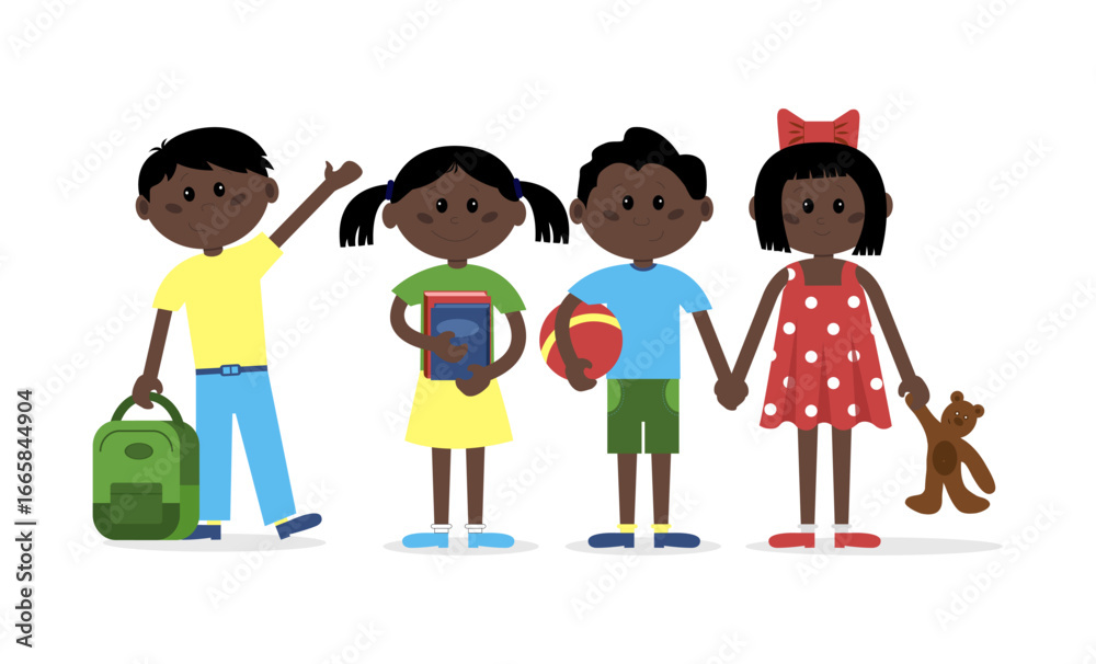 Happy kids set. Children with books and toys. School concept. Kindergarten. Children image for posters and illustrations. Happy kids set. Children with books and toys. School concept. Kindergarten. Children image for posters and illustrations.