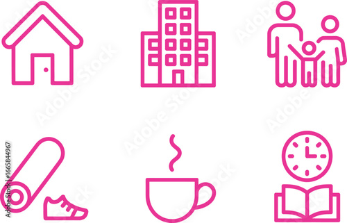 Pink Line Icons Set With Home, Building, Family, Yoga, Coffee, and Clock Style