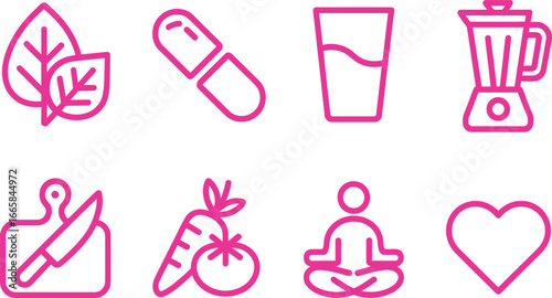Pink Line Icons Set Leaf, Capsule, Drink, Blender, Cutting Board, Veggies, Yoga, Heart
