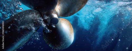 The propeller of a ship underwater with bubbles and sunlit blue ocean