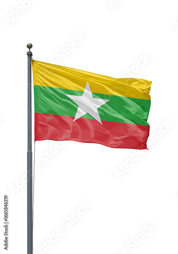 Myanmar Flag Waving On Pole With Yellow Green And Red Colors On Transparent Background