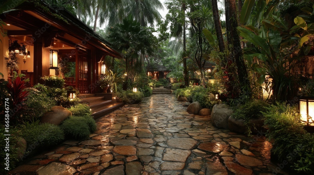 Fototapeta premium Rainy Night in a Lighted Tropical Garden Path