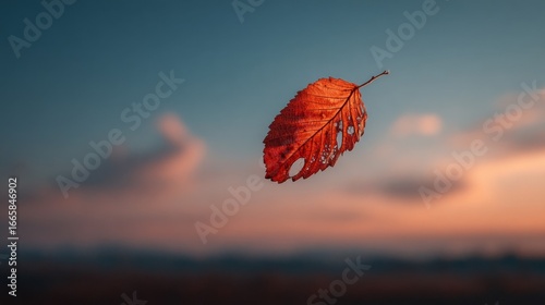 Single Red Leaf Floating Against a Sunset Sky