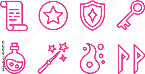 Pink Outline Icons Set Featuring Scroll, Star, Shield, Key, Potion, Wand, Flame, PP