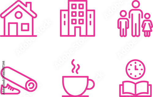 Pink Outline Icons Set With House, Building, Family, Yoga, Coffee, And Time on White