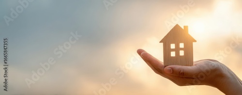 The House Model Held in a Hand Against a Golden Sunset Sky