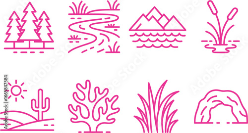 Pink Outline Landscape Icons Set Trees, River, Mountains, Reeds, Cactus, Grass, Cave