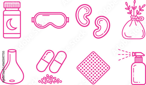 Pink Outline Wellness Items Pills, Bottle, Spray, Mask, Plaster on White Background