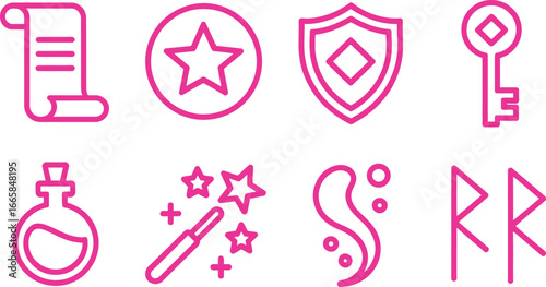 Pink Outlined Magic Symbol Set Isolated on White | Scroll, Star, Potion, Shield, Rune