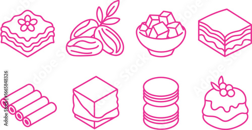 Pink outlined Middle Eastern desserts icons on a white isolated seamless backdrop