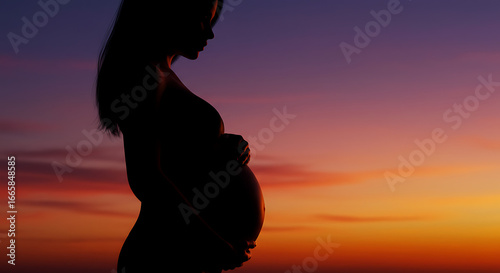 Expectant Mother's Silhouette Against a Warm, Radiant Sunset Sky, Symbolizing Hope and New Beginnings