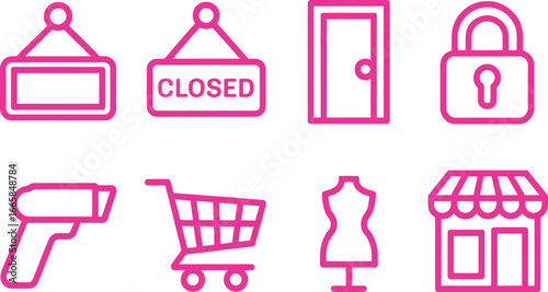 Pink Shopping Icons Set Open Close Sign, Storefront, Mannequin, Door, Lock, Cart, Scanner
