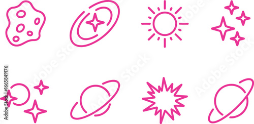 Pink Space Icons Set With Planets, Stars, Sun, Asteroid On Transparent Background