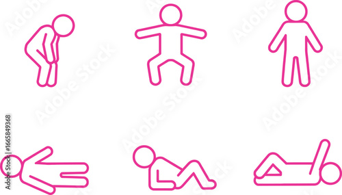 Pink Stick Figures Poses Set on White Standing, Squatting, Lying Down, Resting