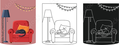 Cat sleeping in armchair vector illustration cozy home interior