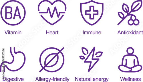 Purple Health Line Icons Set, Vitamin, Heart, Immune, Antioxidant, Digestive, Wellness