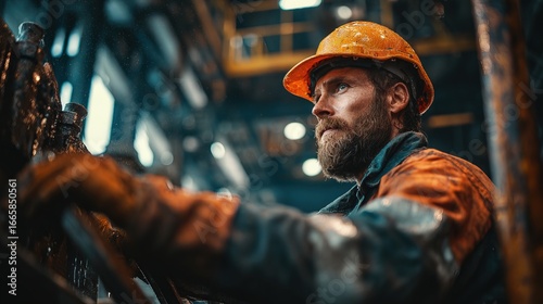 Industrial worker operating heavy machinery in a factory environment cinematic perspective of industrial labor dynamics