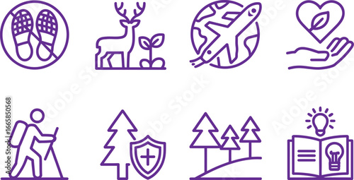 Purple Line Icon Set Nature Preservation, Conservation, Ecology, and Environment