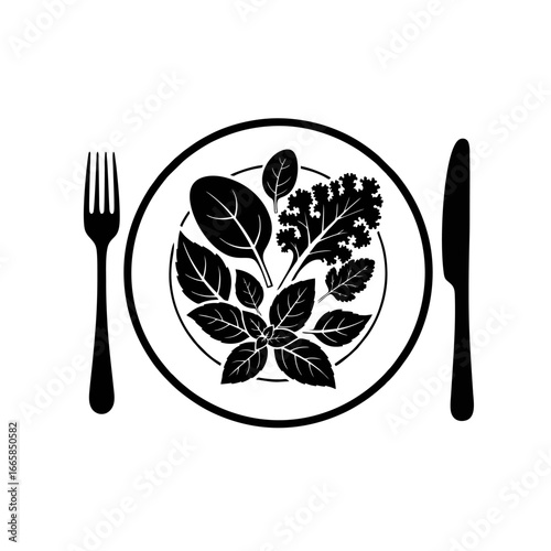 Wholesome Food Silhouette Logo Featuring a Plate With Leaves, Flat Simple Design
