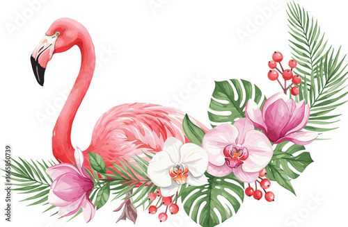 Elegant watercolor flamingo with tropical flowers, exotic bird surrounded by pink blossoms and green leaves, nature-inspired art design
